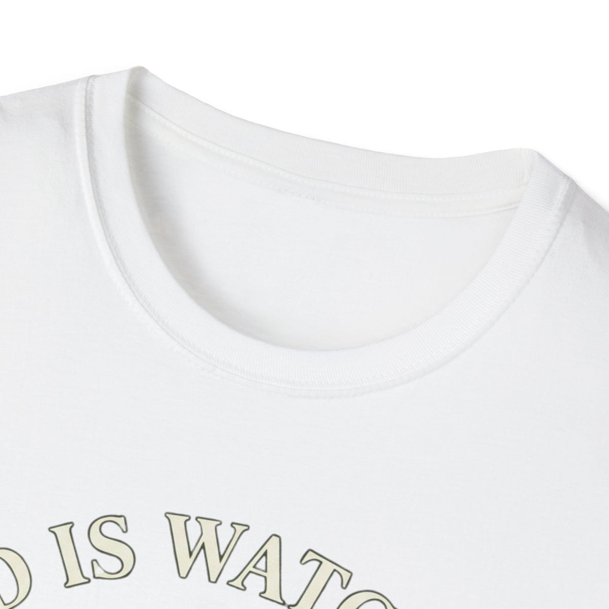 Crew-neck and upper graphic detail of God Is Watching T-Shirt.