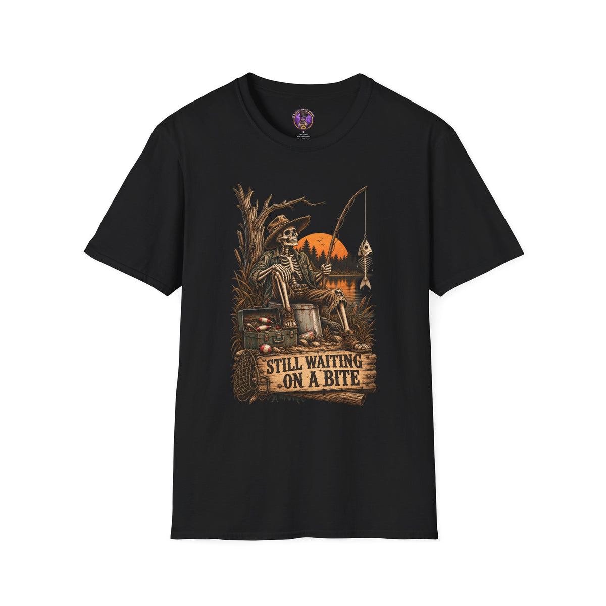 Still Waiting on a Bite Skeleton Fishing T-Shirt graphic T-shirt product image 1