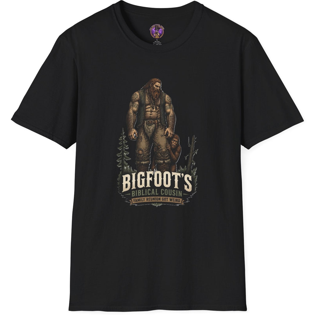 Bigfoot's Biblical Cousin graphic featuring a towering Nephilim giant beside a nervous Bigfoot in a dark forest