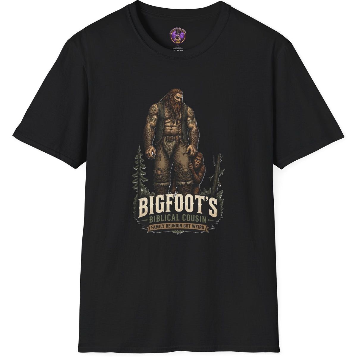 Bigfoot's Biblical Cousin graphic featuring a towering Nephilim giant beside a nervous Bigfoot in a dark forest