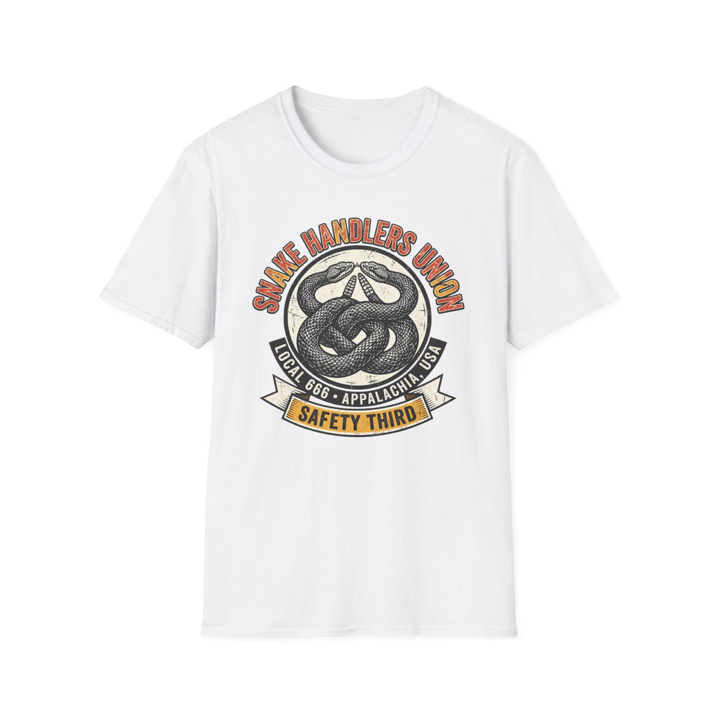 Snake Handlers Union Local 666 T-Shirt front view: Two coiled rattlesnakes fill a weathered circular union badge beneath Snake Handlers Union lettering.