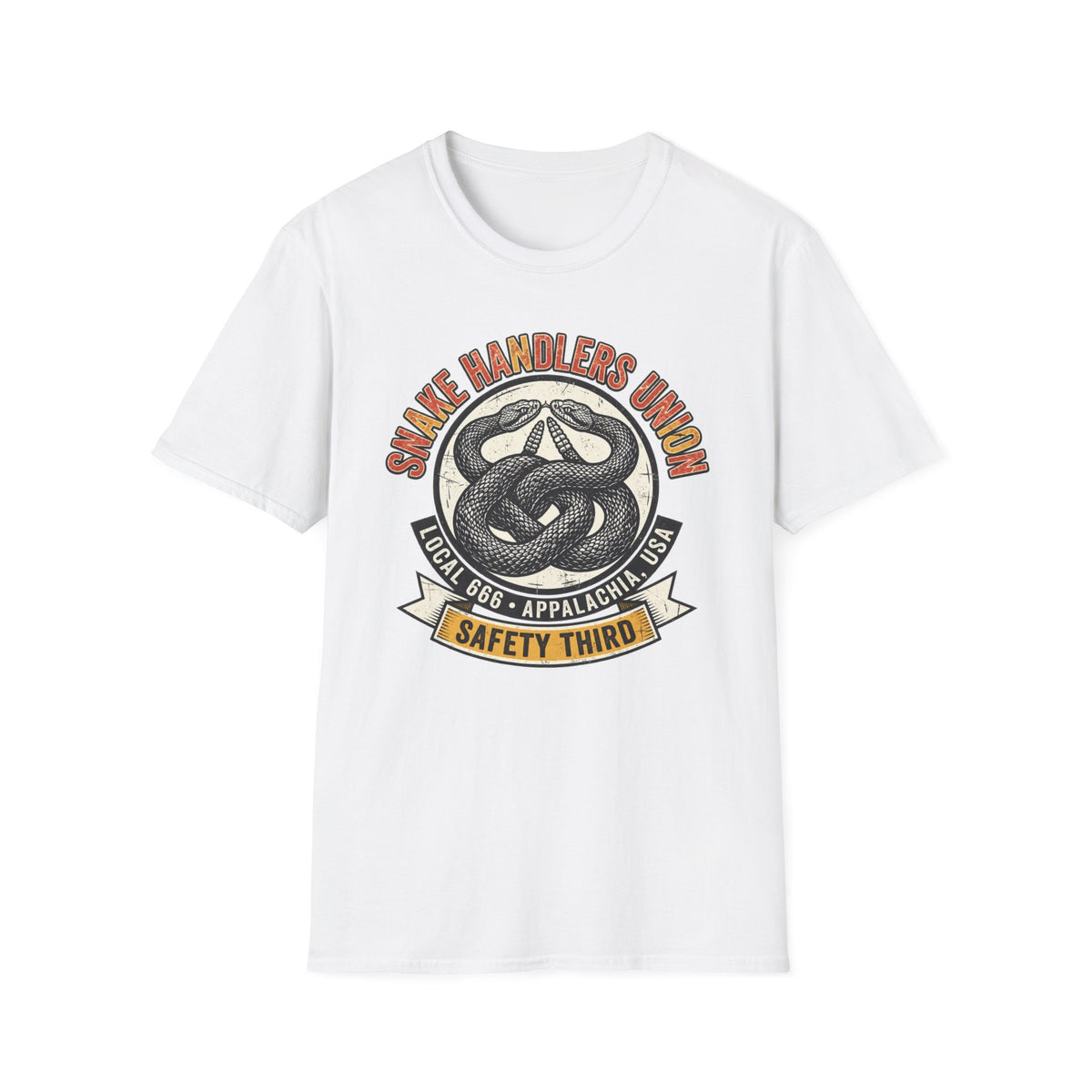 Snake Handlers Union Local 666 T-Shirt front view: Two coiled rattlesnakes fill a weathered circular union badge beneath Snake Handlers Union lettering.