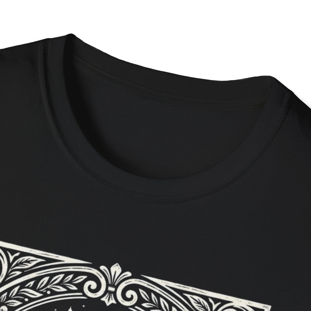 Crew-neck and upper graphic detail of The Jazzy Jawns Guitar Cat T-Shirt.