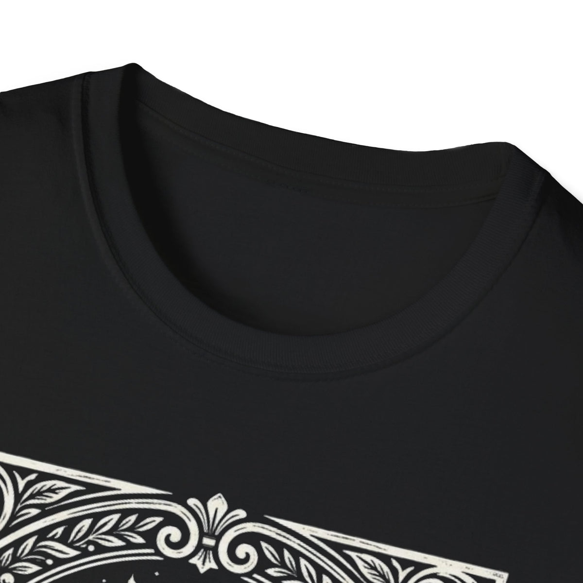 Crew-neck and upper graphic detail of The Jazzy Jawns Guitar Cat T-Shirt.