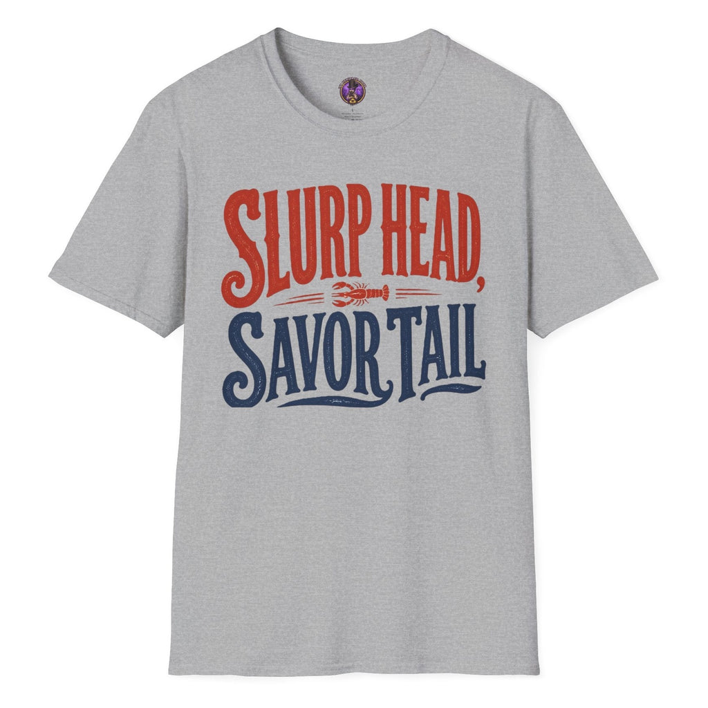 Slurp Head Savor Tail retro crawfish T-shirt graphic celebrating Louisiana Cajun seafood and crawfish boil culture