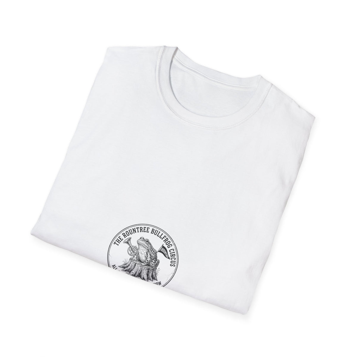 Rountree Bullfrog Circus graphic featuring bullfrog with brass horn on a cypress stump with vintage distressed lettering.