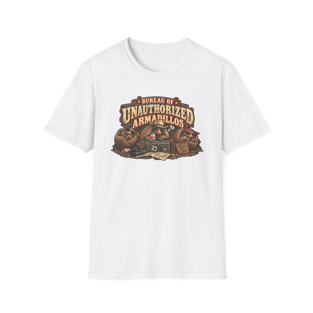 Bureau of Unauthorized Armadillos graphic with armadillo artwork on a T-shirt