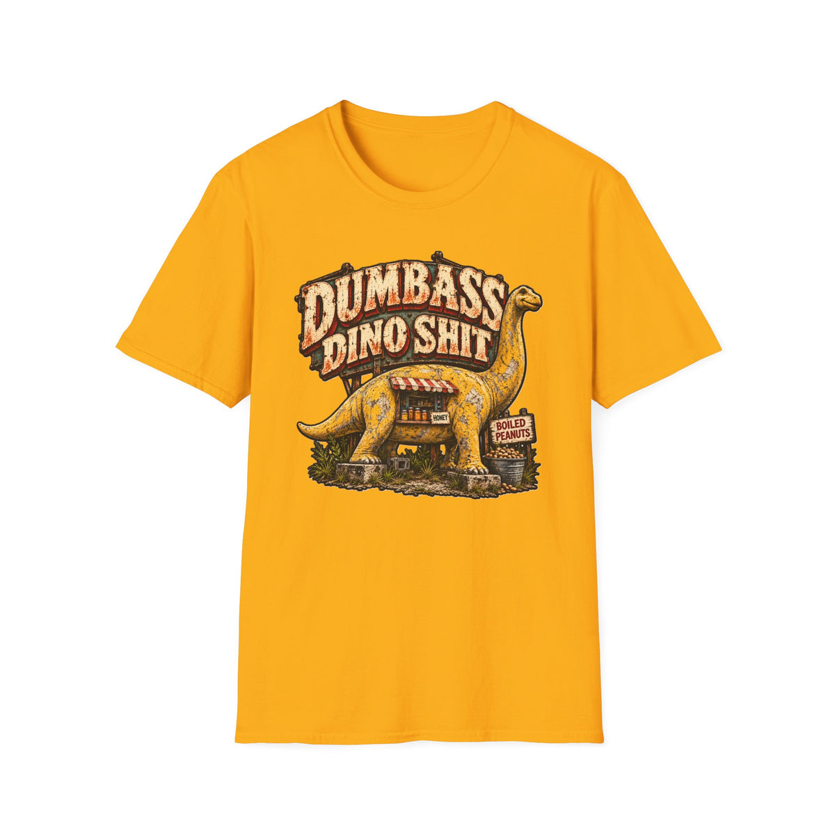 Dumbass Dino Shit graphic with roadside dinosaur and snack stand on a T-shirt