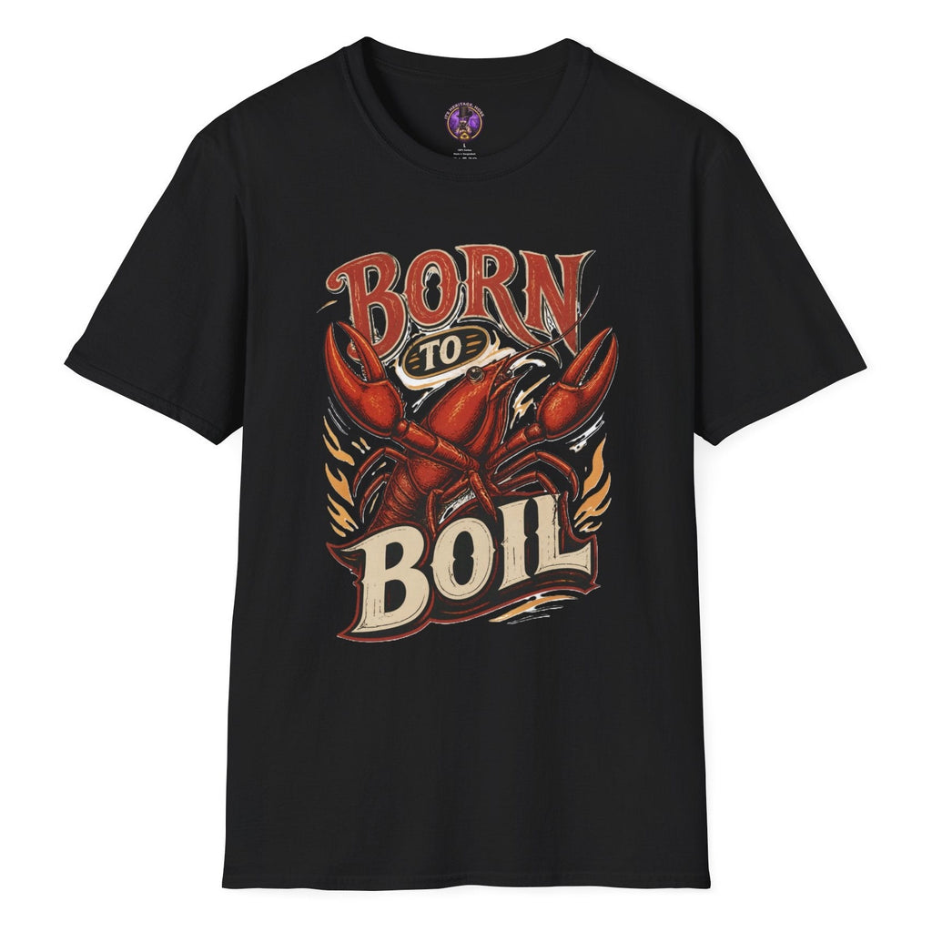 Born to Boil retro crawfish T-shirt graphic with large red crawfish, bold vintage lettering and flame accents