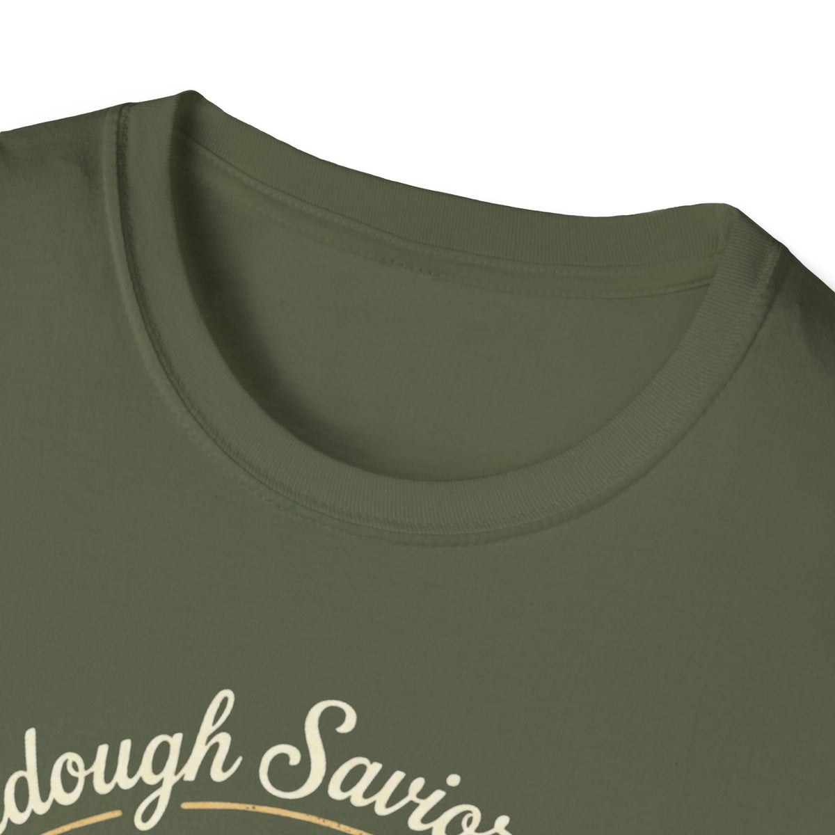 Crew-neck and upper graphic detail of He Has Risen Sourdough T-Shirt.