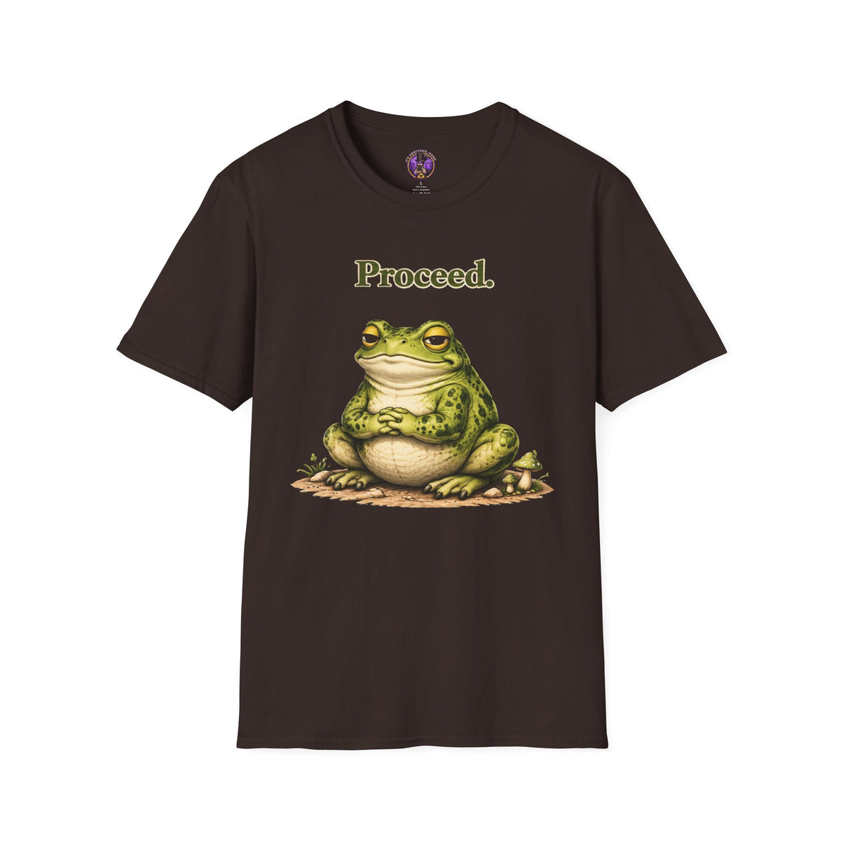 Front view of the Proceed Frog shirt — Cute Vintage Frog Illustration Tee.