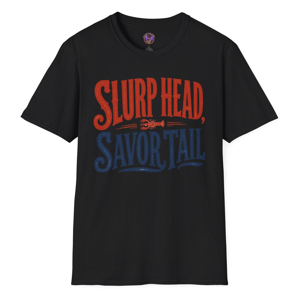 Slurp Head Savor Tail retro crawfish T-shirt graphic celebrating Louisiana Cajun seafood and crawfish boil culture