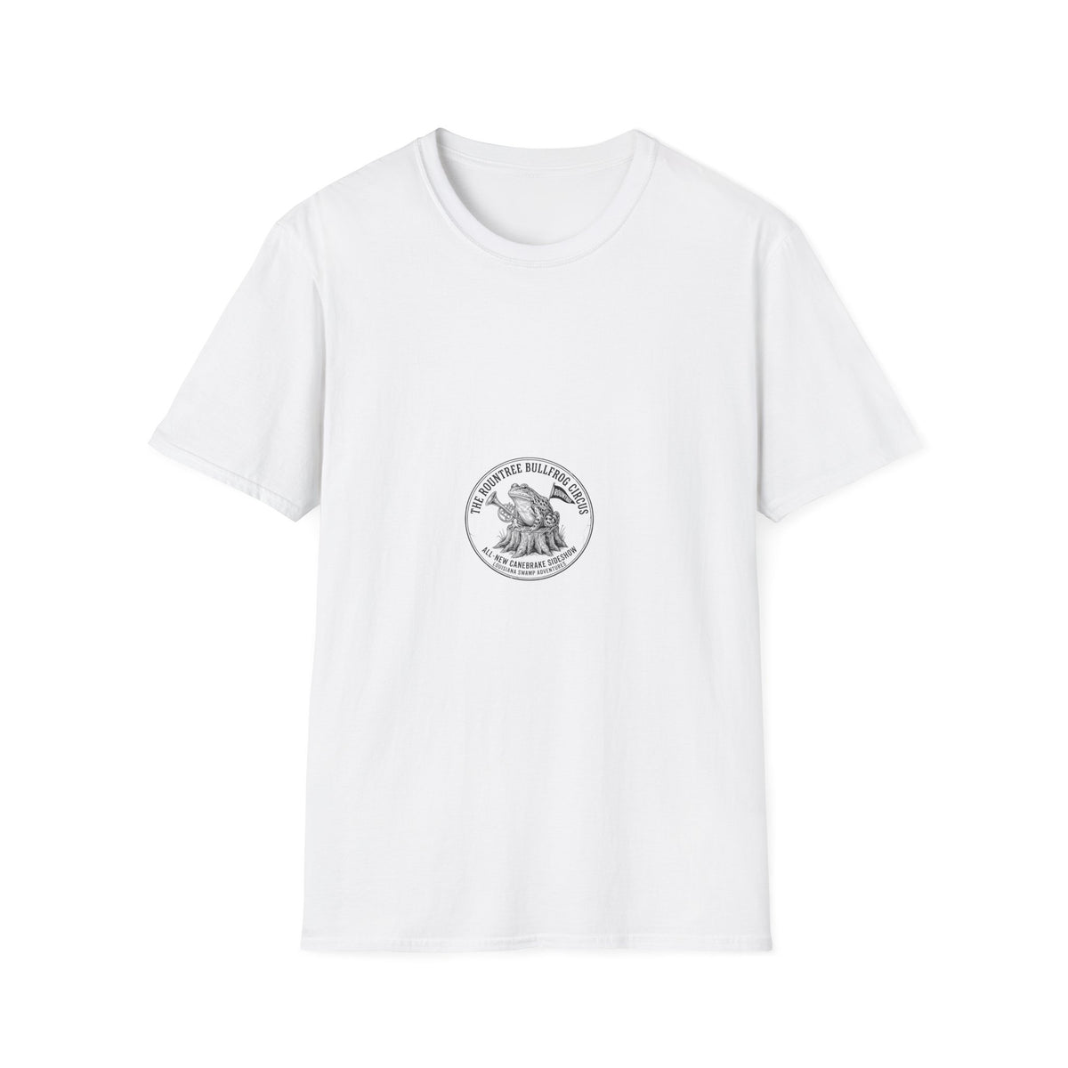 Rountree Bullfrog Circus graphic featuring bullfrog with brass horn on a cypress stump with vintage distressed lettering.