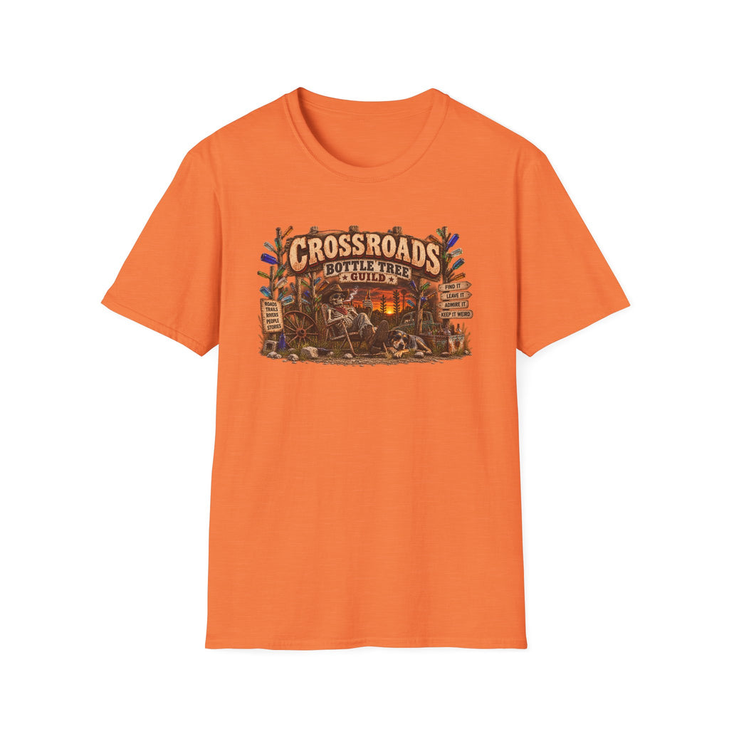 Crossroads Bottle Tree graphic with bottles arranged on tree branches on a T-shirt