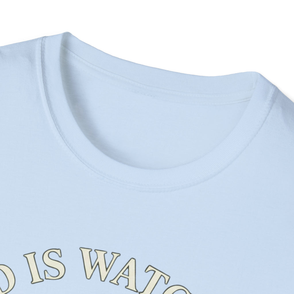 Crew-neck and upper graphic detail of God Is Watching T-Shirt.