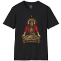 The Magician tarot figure poised over symbolic tools in red and gold