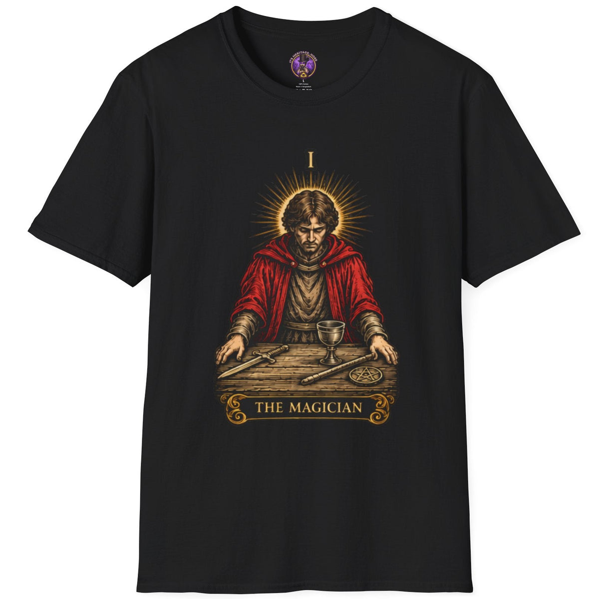 The Magician tarot figure poised over symbolic tools in red and gold