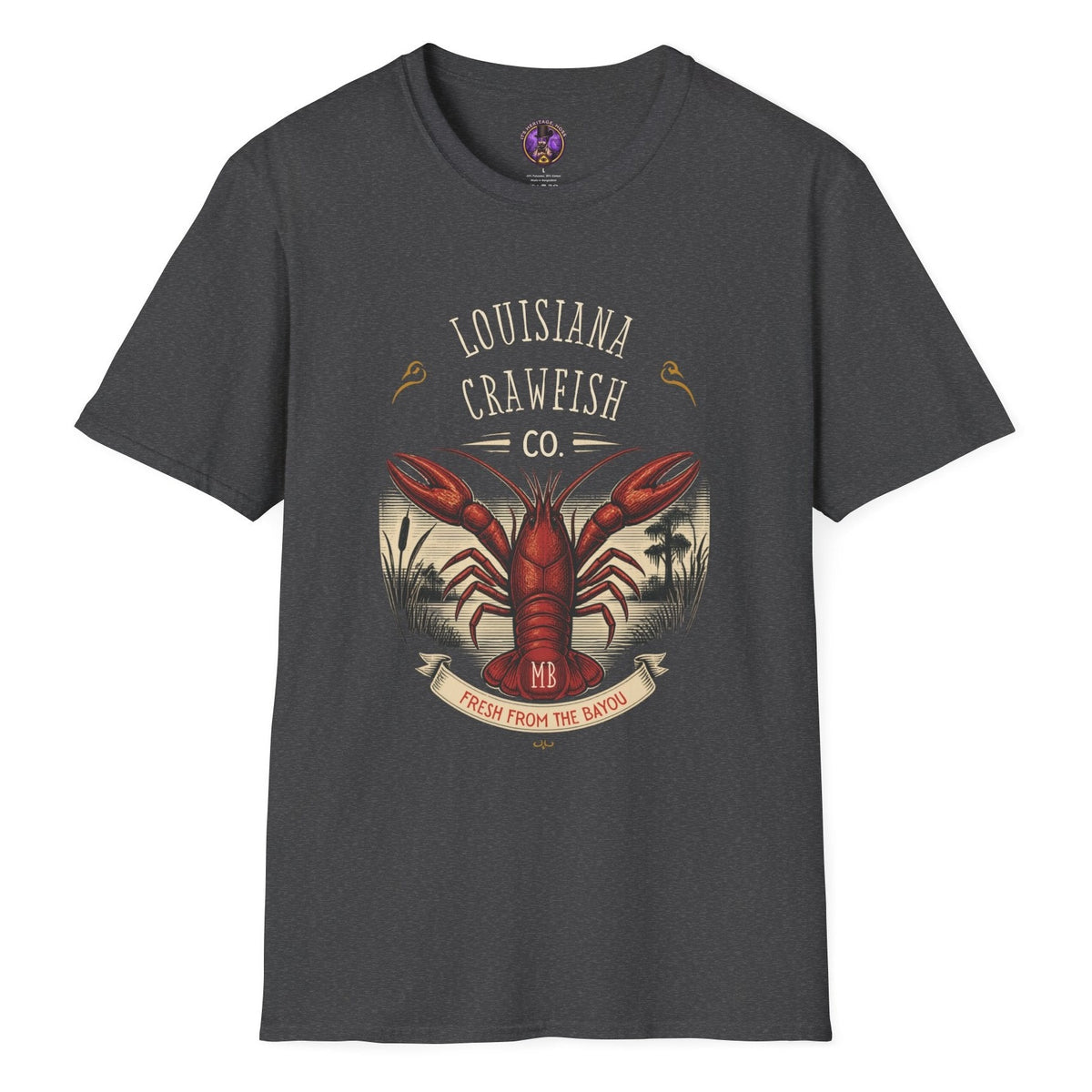 Louisiana Crawfish Co T-shirt graphic with large red crawfish, vintage bayou landscape, cypress trees and Fresh From the Bayou banner