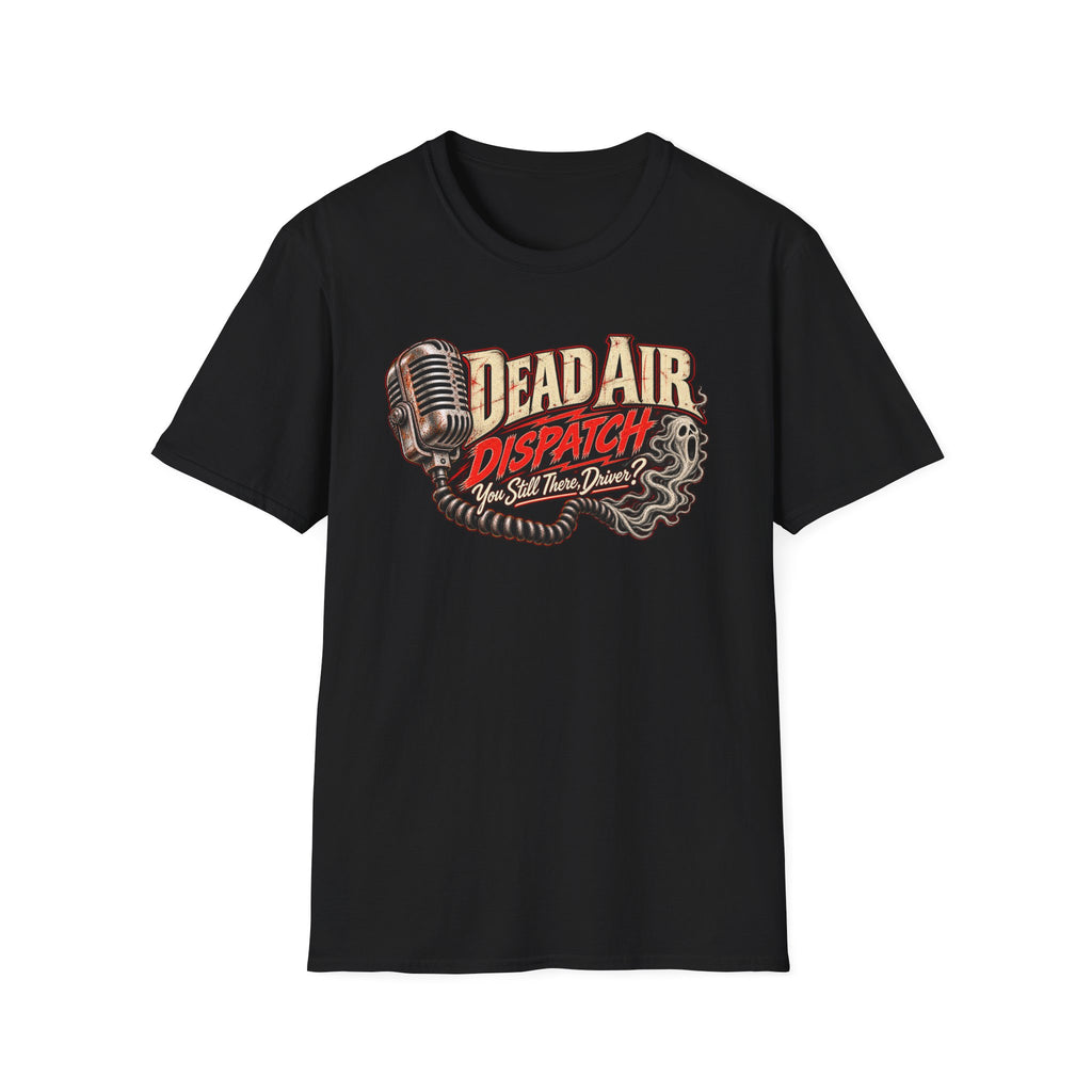 Dead Air Dispatch graphic with vintage radio microphone on a T-shirt