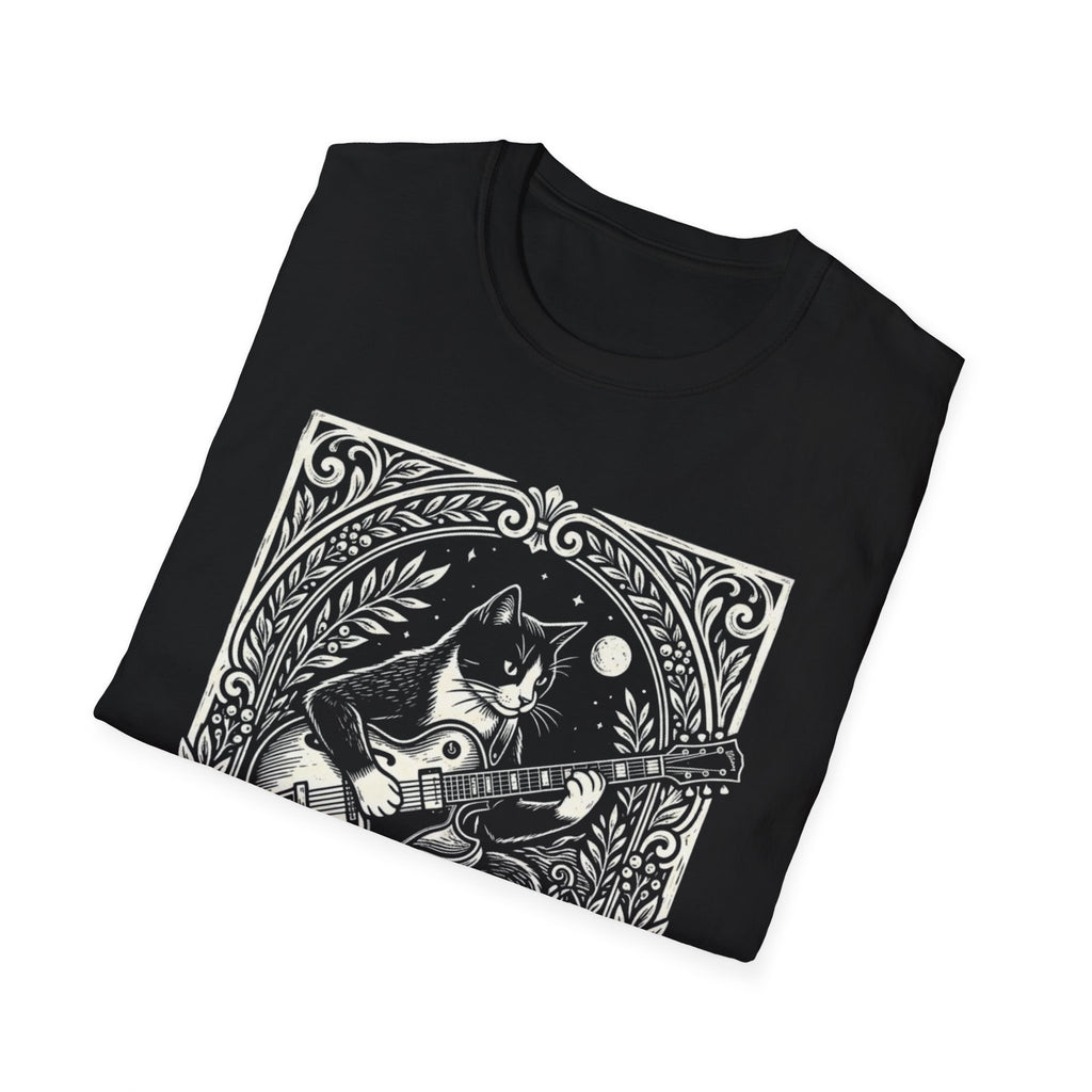 Folded The Jazzy Jawns Guitar Cat T-Shirt showing its front graphic.