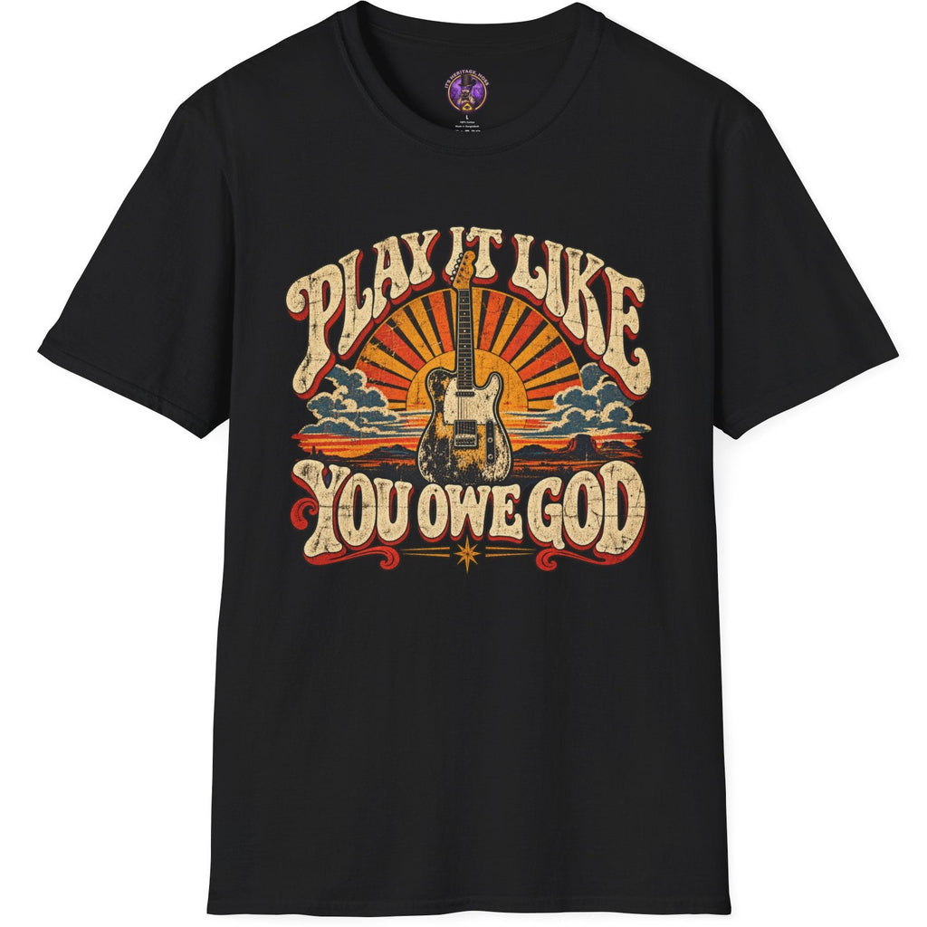Play It Like You Owe God guitar graphic with distressed vintage Southern rock and gospel-inspired styling.