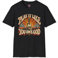 Play It Like You Owe God guitar graphic with distressed vintage Southern rock and gospel-inspired styling.