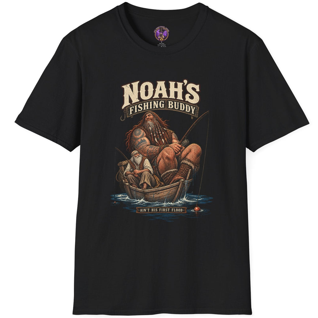 1. Noah's Fishing Buddy graphic showing a giant Nephilim and Noah fishing together from a tiny wooden boat in vintage outdoor style