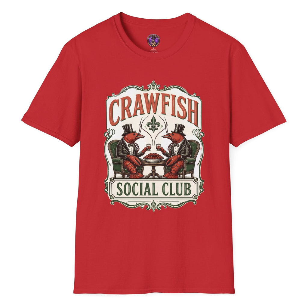 Crawfish Social Club vintage T-shirt graphic with two dapper crawfish in top hats seated at a table with ornate Louisiana-style lettering