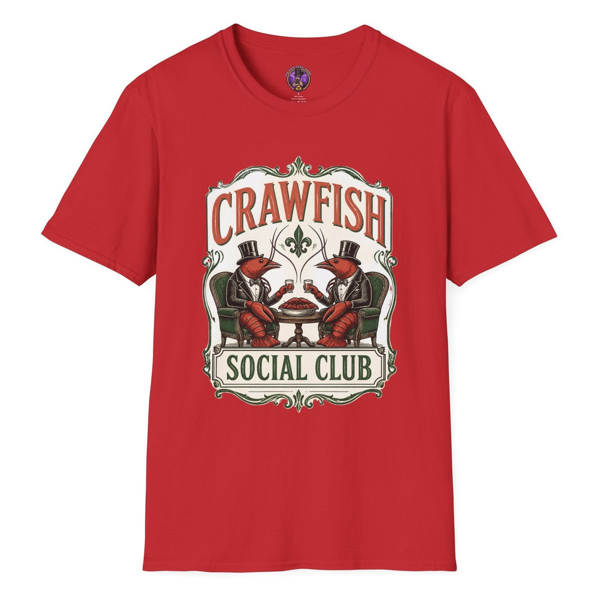 Crawfish Social Club vintage T-shirt graphic with two dapper crawfish in top hats seated at a table with ornate Louisiana-style lettering