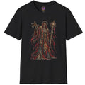 Evil skeletal gothic priest in tattered red and black robes holding an ornate bone staff