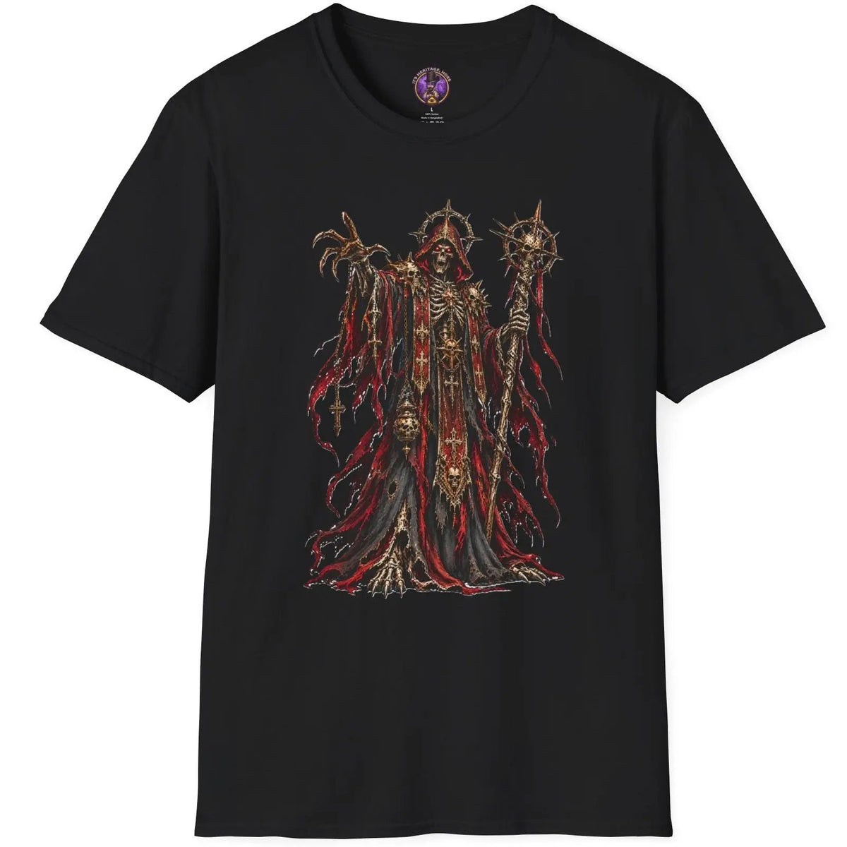 Evil skeletal gothic priest in tattered red and black robes holding an ornate bone staff