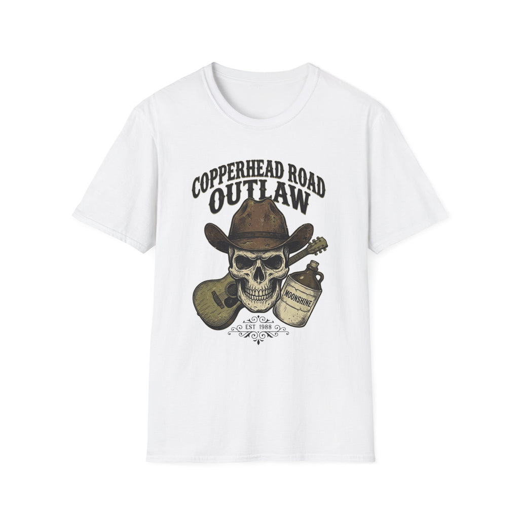 Copperhead Road Outlaw T-Shirt front view: A cowboy-hatted skull, acoustic guitar, and moonshine jug sit beneath Copperhead Road Outlaw lettering.