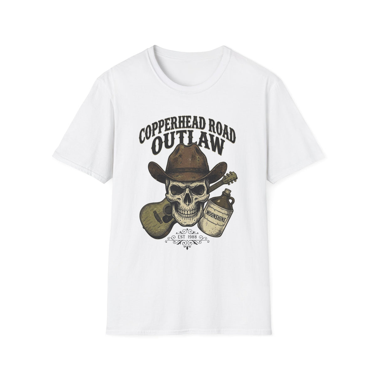 Copperhead Road Outlaw T-Shirt front view: A cowboy-hatted skull, acoustic guitar, and moonshine jug sit beneath Copperhead Road Outlaw lettering.