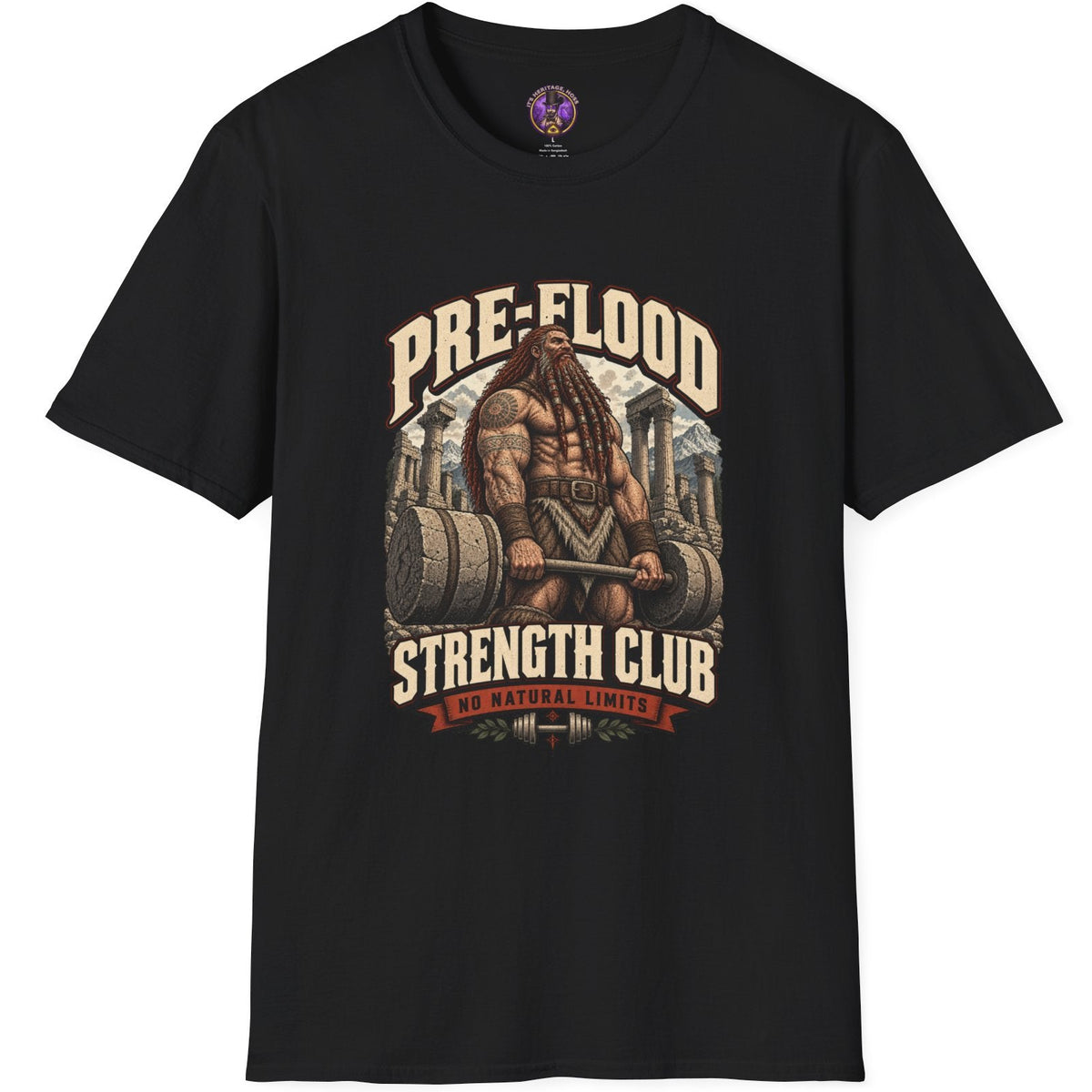 Pre-Flood Strength Club graphic featuring a muscular Nephilim giant lifting a massive stone barbell among ancient ruins