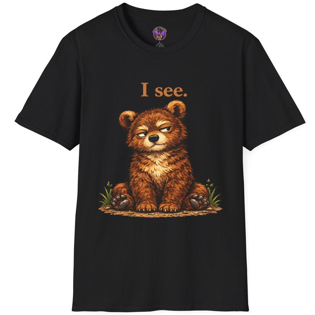 Hand-drawn sitting bear cub illustration on a graphic T-shirt