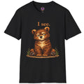 Hand-drawn sitting bear cub illustration on a graphic T-shirt