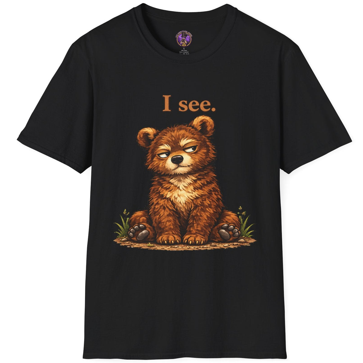 Hand-drawn sitting bear cub illustration on a graphic T-shirt
