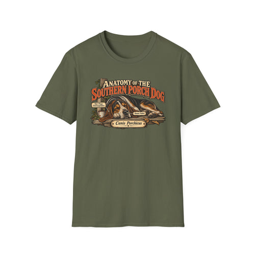 Anatomy of the Southern Porch Dog graphic with labeled lounging dog illustration on a T-shirt