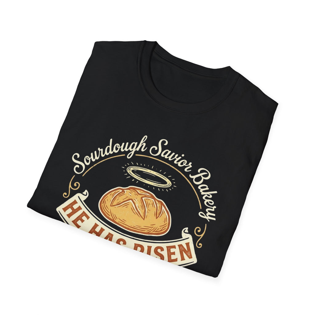 Folded He Has Risen Sourdough T-Shirt showing its front graphic.