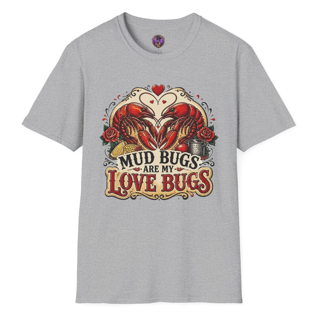 Mud Bugs Are My Love Bugs crawfish T-shirt graphic with two red crawfish forming a heart surrounded by roses and vintage Cajun artwork