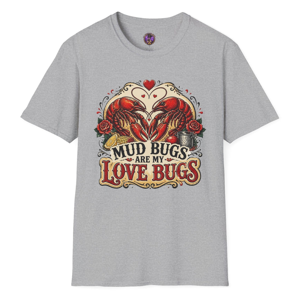 Mud Bugs Are My Love Bugs crawfish T-shirt graphic with two red crawfish forming a heart surrounded by roses and vintage Cajun artwork