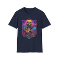 Raccoon Playing Electric Guitar T-Shirt front view: A raccoon shreds an electric guitar inside a neon geometric frame, with palm trees, a glowing sunset, and scattered debris completing the scene.