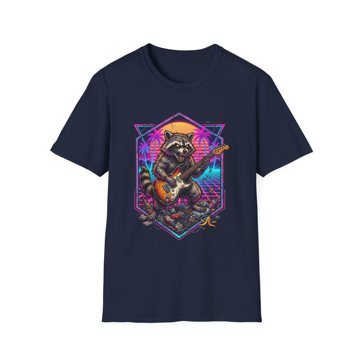 Raccoon Playing Electric Guitar T-Shirt front view: A raccoon shreds an electric guitar inside a neon geometric frame, with palm trees, a glowing sunset, and scattered debris completing the scene.