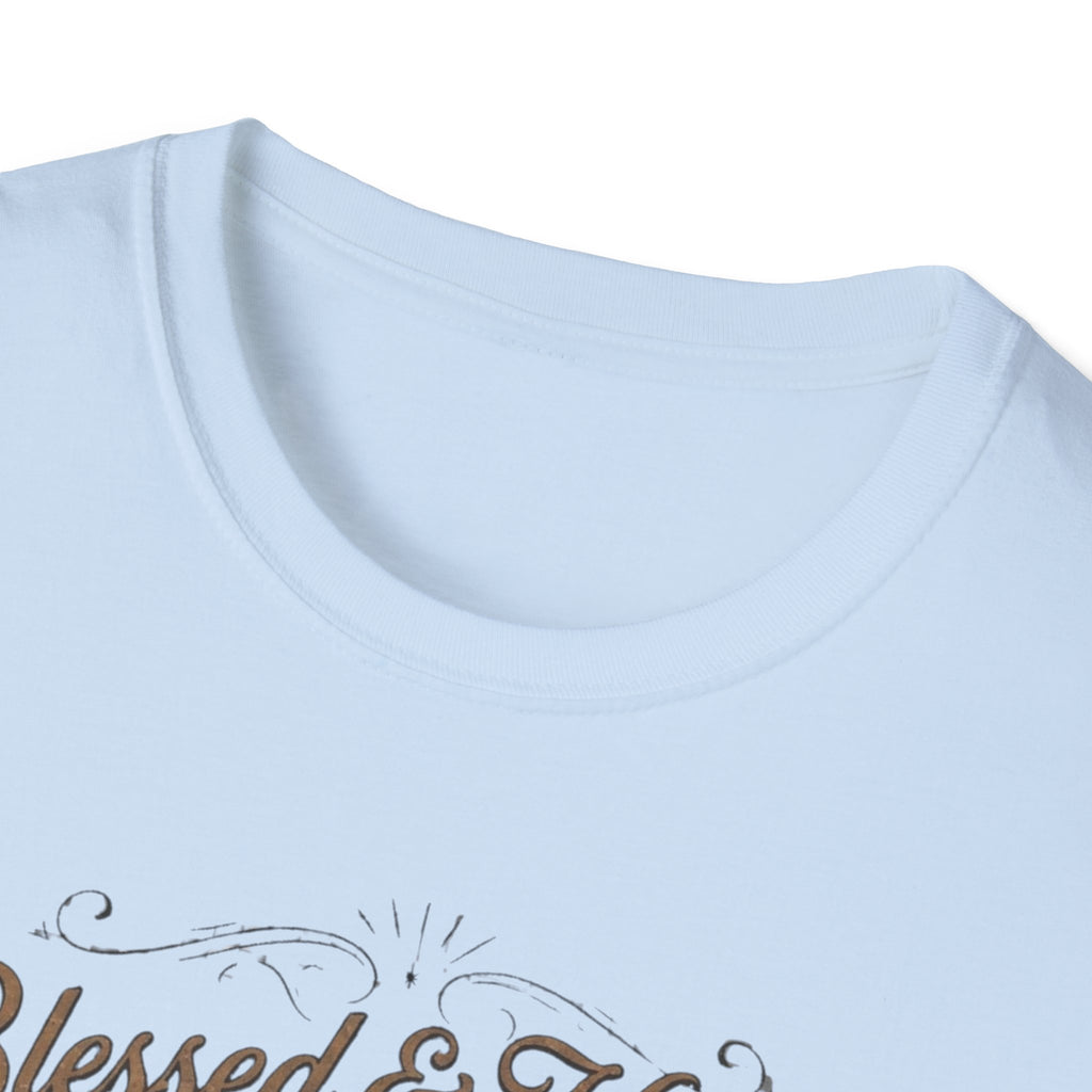 Crew-neck and upper graphic detail of Blessed & Highly Suspicious T-Shirt.