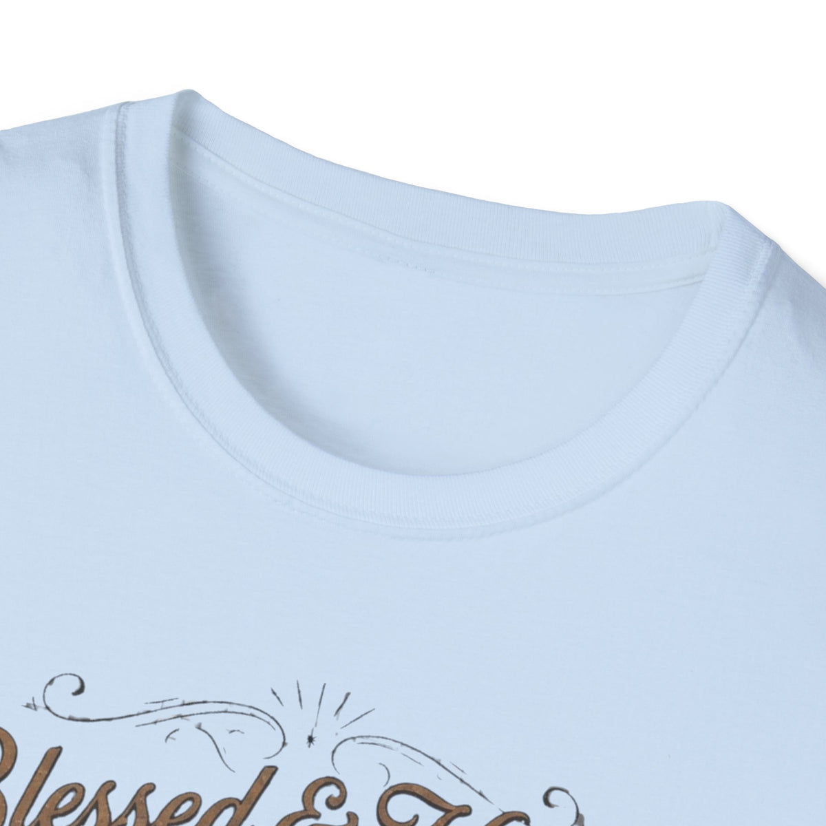 Crew-neck and upper graphic detail of Blessed & Highly Suspicious T-Shirt.