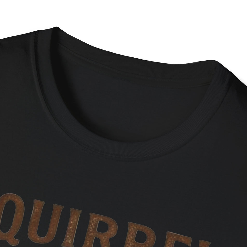 Crew-neck and upper print detail of the Squirrel Stew & Cornbread shirt.