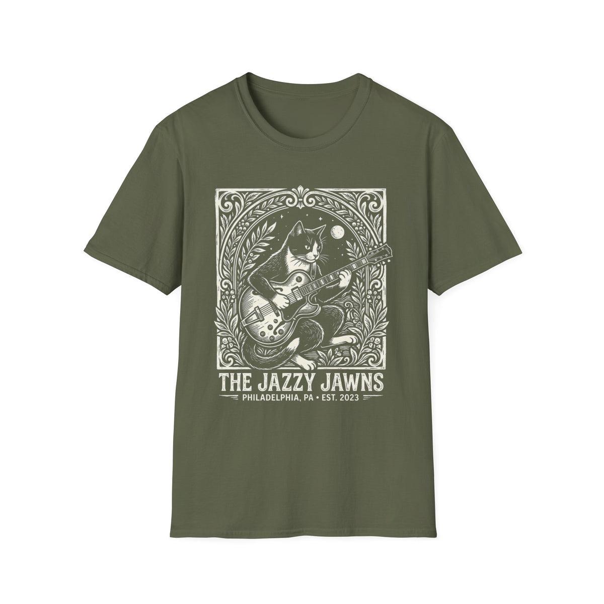 The Jazzy Jawns Guitar Cat T-Shirt front view: A guitar-playing cat sits inside an ornate botanical frame with The Jazzy Jawns lettering below.