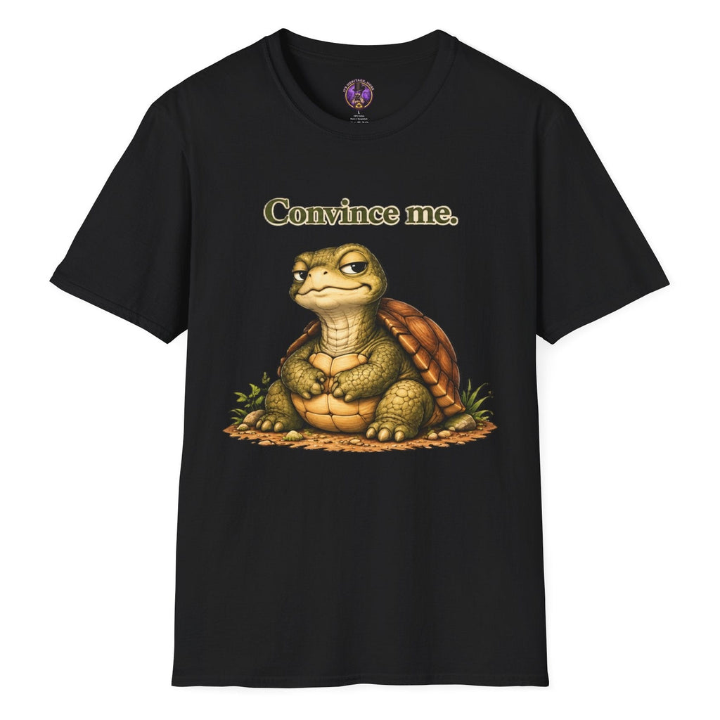 Detailed tortoise illustration beneath Convince Me lettering on a dark T-shirt