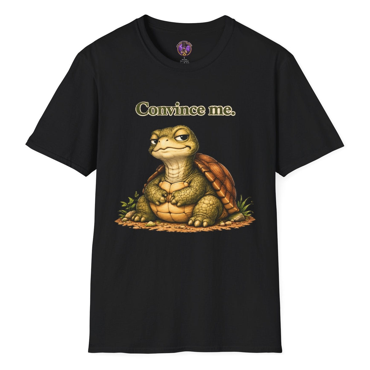 Detailed tortoise illustration beneath Convince Me lettering on a dark T-shirt