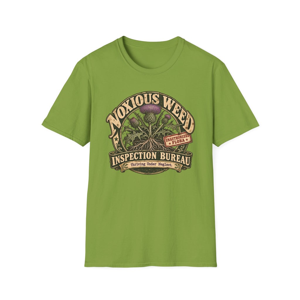 Noxious Weed Inspection Bureau graphic with plant artwork on a T-shirt